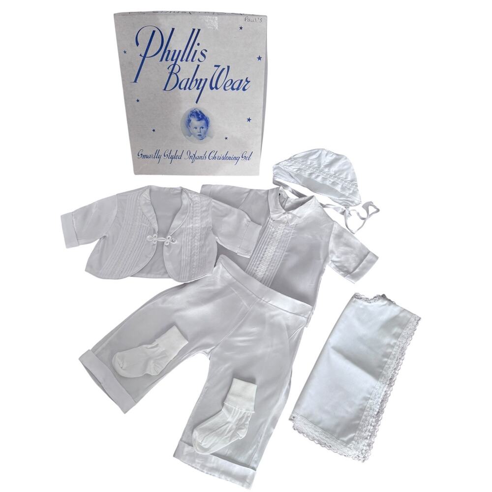 50s Phyllis Baby Wear White Satin Christening Baptism Suit Set Boys 6 Pc 3-6 M